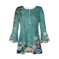 thumbnail image 4 of CYMMPU Loose Fit Tunic Tops Boho Blouses for Women Dressy Casual Spring Tops Summer Trendy Shirts 3/4 Sleeve Flower Pattern Button V Neck Flare Sleeve Empire Waist A Line T-Shirts Multicolor XL, 4 of 5