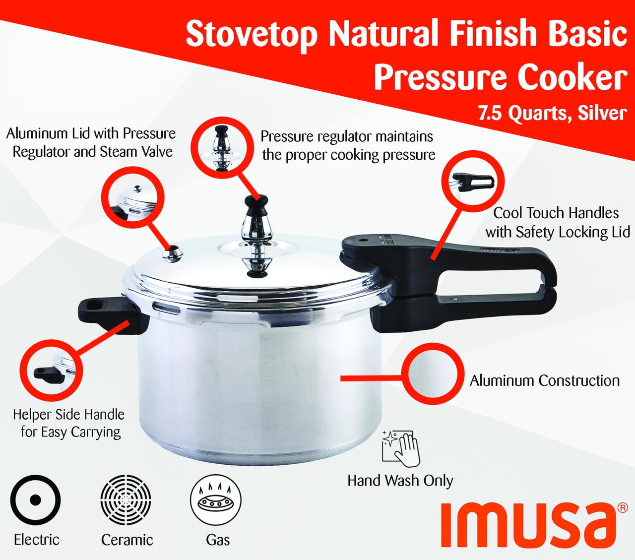 Imusa 7 Quart Aluminum Stovetop Pressure Cooker Natural Finish Silver Walmart
