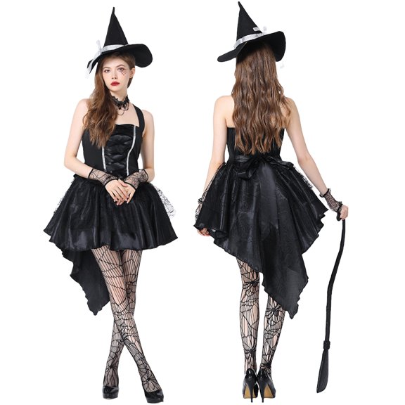Witch Cosplay, Witch Costume, Witch Outfit, Witch Roleplay, Witch Cos, Women Halloween Witch Cosplay Costume High-Low Hem Ruffle Dress Hat Wristbands Dress Up Outfits, Black L