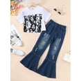 thumbnail image 3 of Mikrdoo 9-10 Years Big Girl's Retro Portrait Print Outfit Short Sleeve Graphic Top + Flare Leg Ripped Jeans Holiday Casual Set, Summer 2Pcs Clothes, 3 of 8