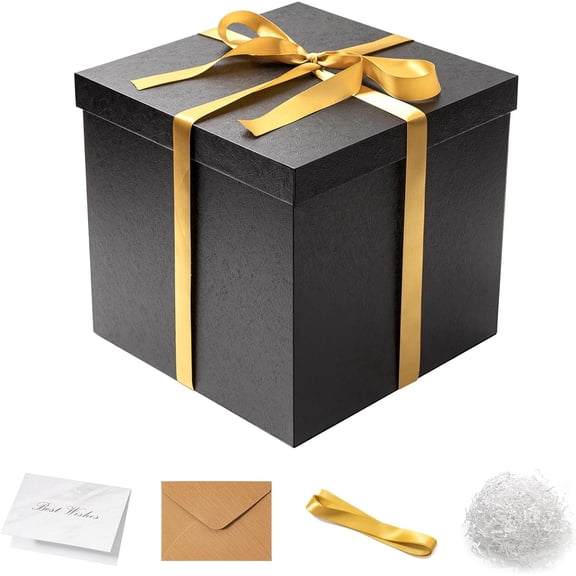 Large Gift Box with Lid for Presents 12x12x12 Inches Extra Big Deep Square Black Boxes 1 Pack for Christmas, Birthday, Valentine's Day, Mother's Day - Contains Crinkle Paper, Ribbon and Card