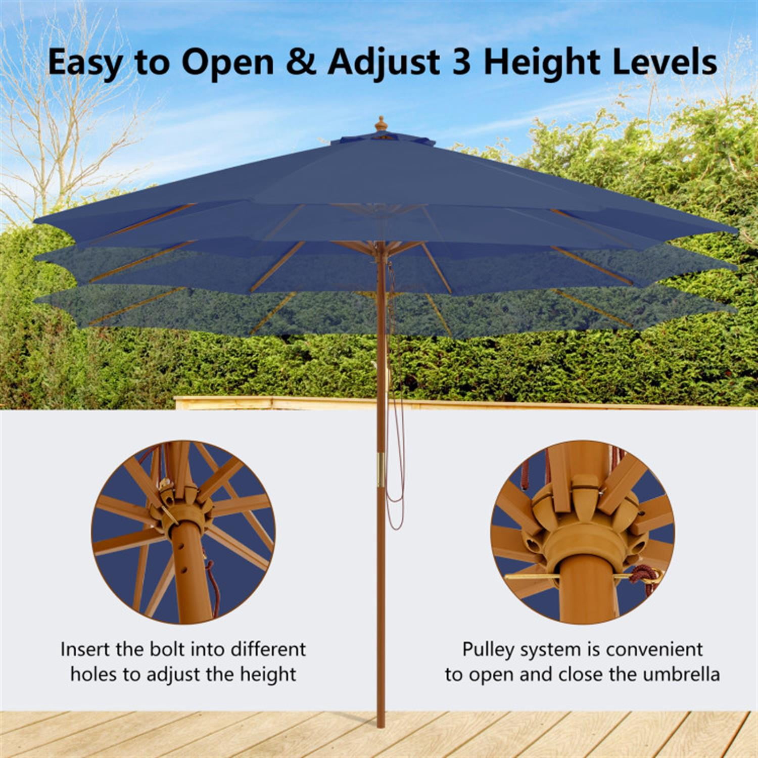 Demi Bonn 10 Feet Patio Umbrella with 8 Wooden Ribs and 3 Adjustable Heights, Outdoor Table Umbrella, Yard Umbrella, Blue
