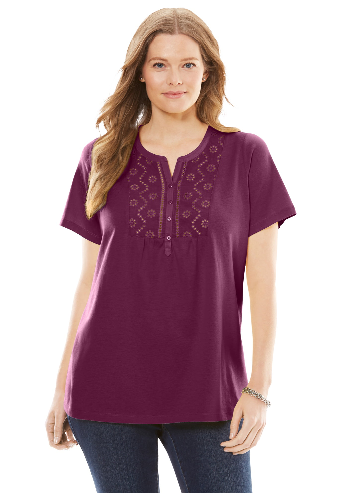 Woman Within - Woman Within Women's Plus Size Eyelet Henley Tee Henley ...