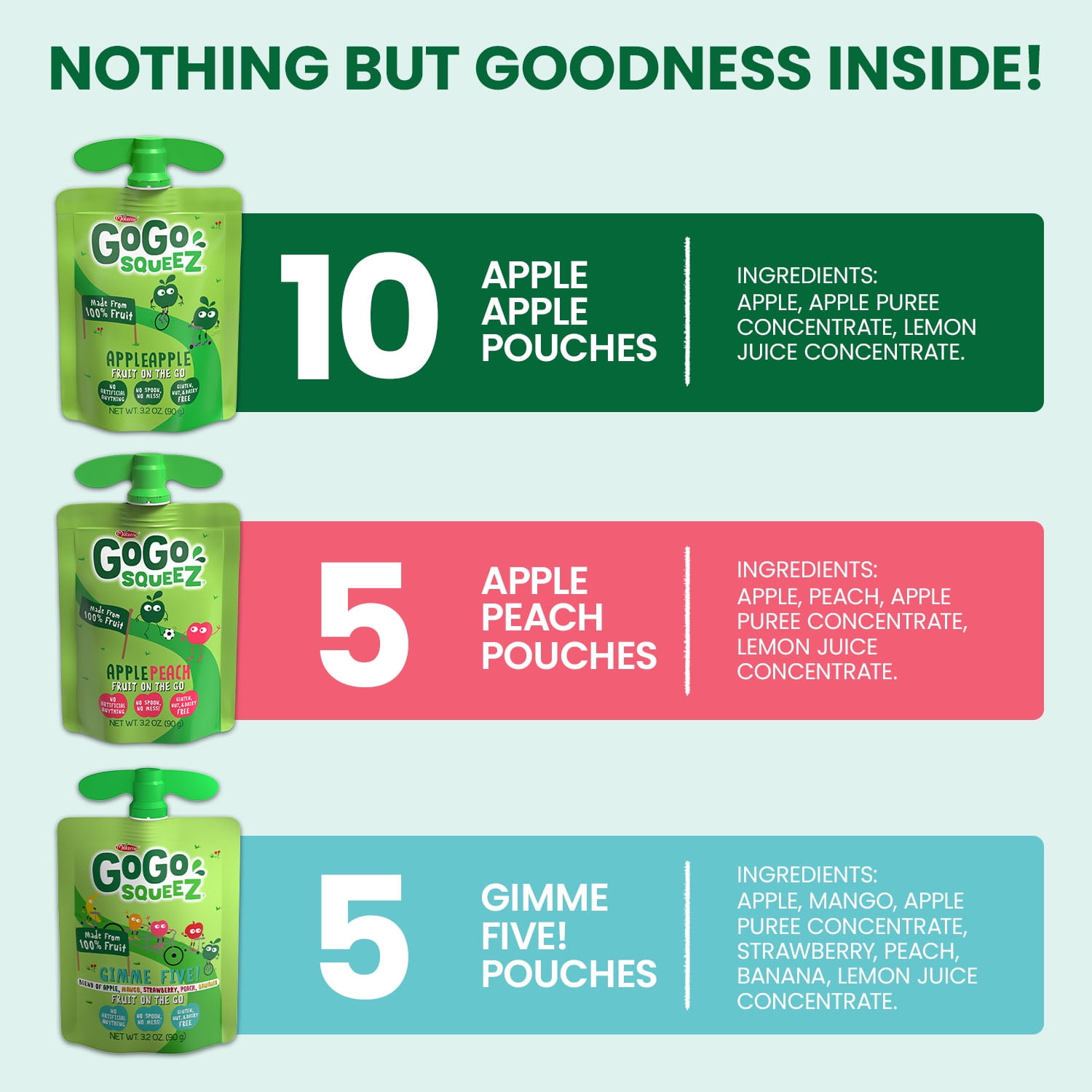 (2 pack) GoGo squeeZ Applesauce and Fruit Puree, Apple Apple, Apple Peach, and Gimme Five! Snack Pouches Variety Pack, 3.2 oz, 20 Pack