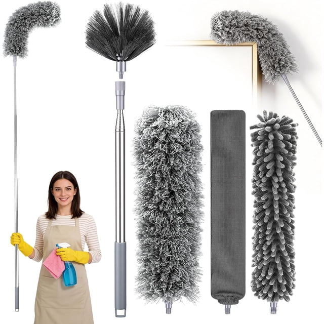 Plumero Extensible para Limpieza 5 en 1, Palo Telescópico, Plumeros de Microfibra Lavables y Flexibles para Techos, Ventiladores, Grietas, Cortinas y Ventanas