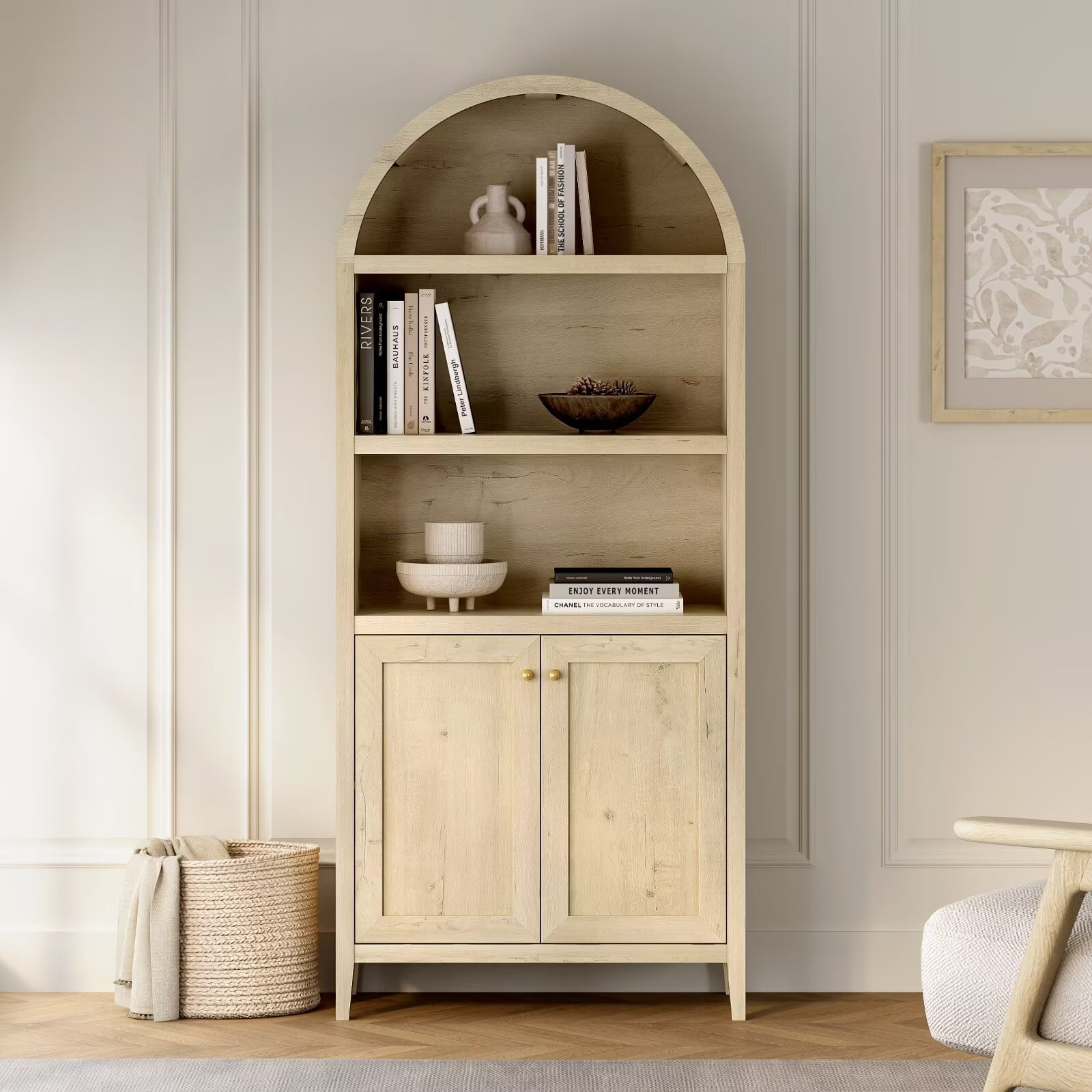 EYYTHUNG 71" Tall Arched Cabinet, 5-Tier Storage Cabinet with Shelves & Doors, Modern Farmhouse Bookshelf Pantry Organizer, Light Oak