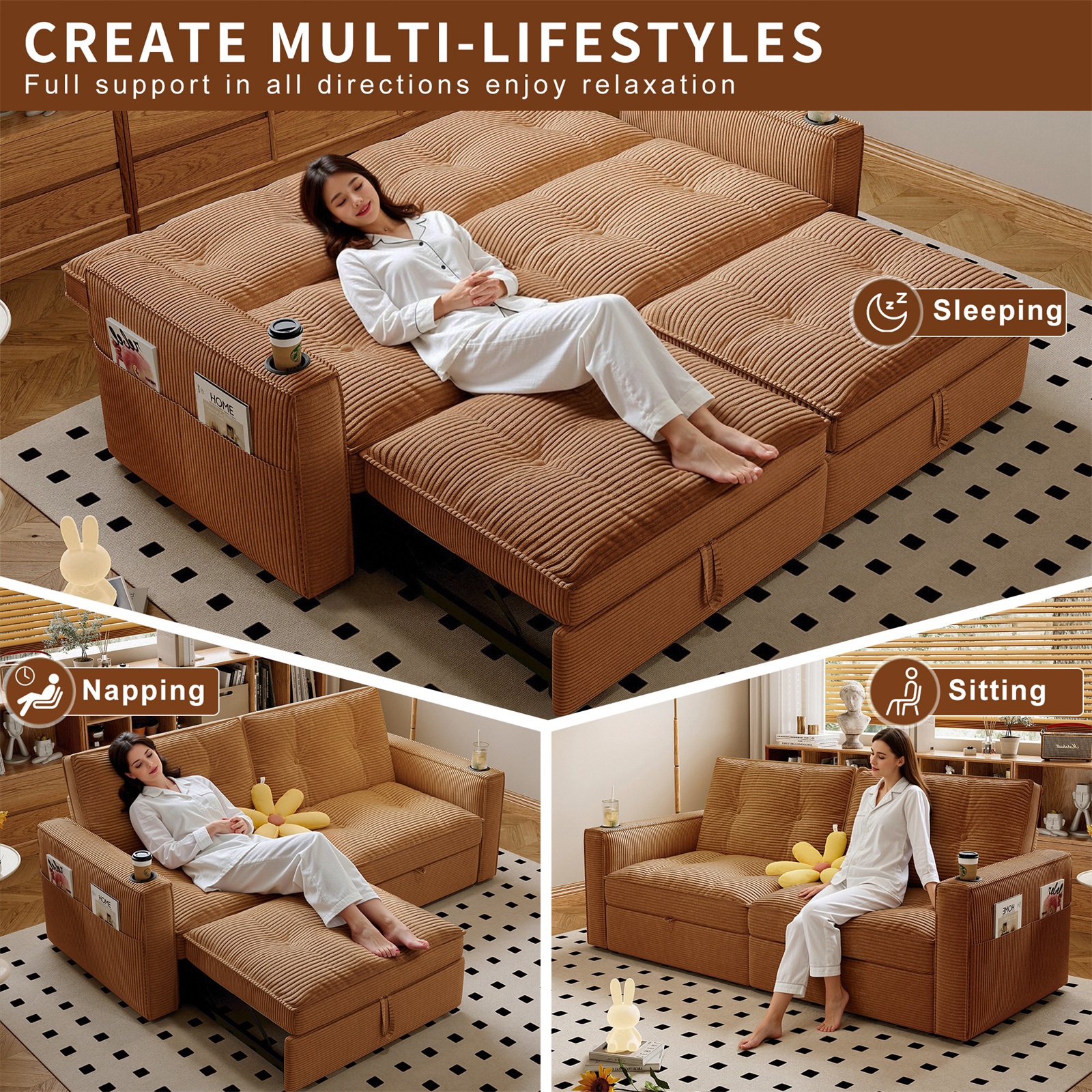 Hommoo 70" Convertible 2-in-1 Pull Out Couch Bed, Multi-Functional Corduroy Loveseat Sleeper Sofa Bed, Orange