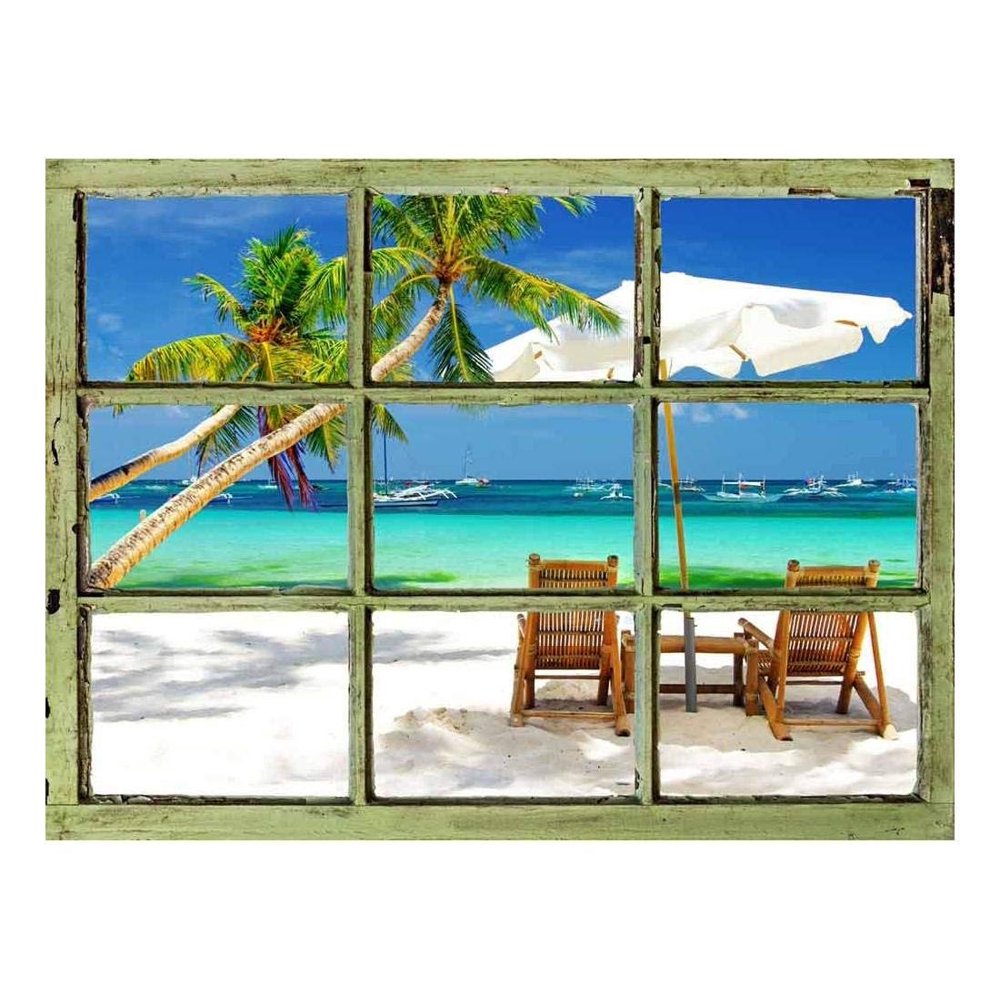 Window View Wall Mural Tropical Holiday Resort with Beach and Palm