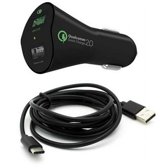 30W Fast Car Charger for Kyocera DuraXV Extreme -- 2-Port USB 6ft Cable Type-C Quick Charge DC Socket Power Adapter USB-C Cord compatible with Kyocera DuraXV Extreme Flip Phone