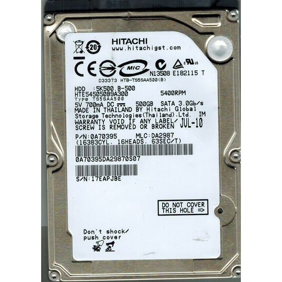 HTE545050B9A300 Hitachi MLC: DA2987 P/N: 0A70395 500GB