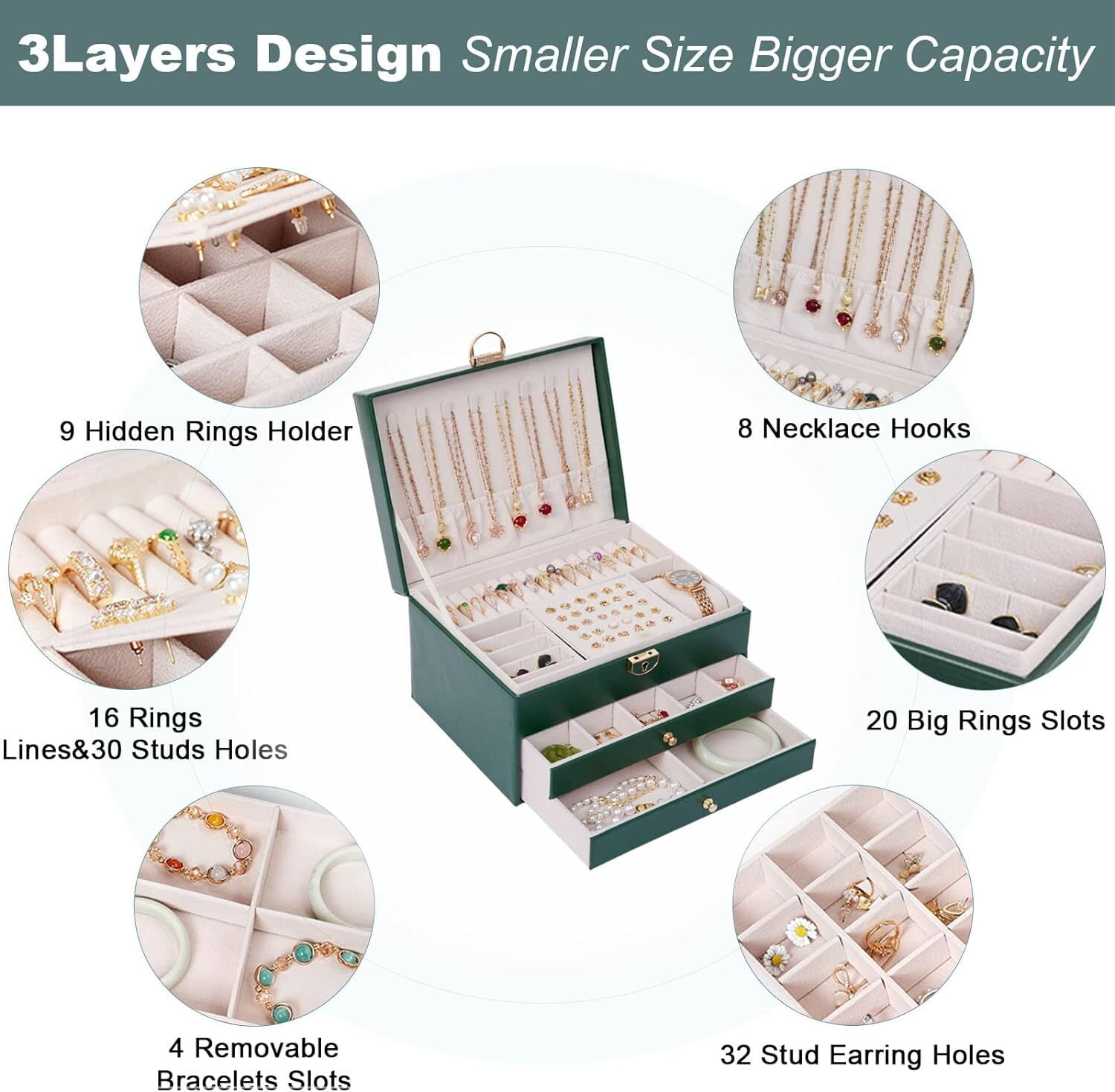 Womens Gifts for Christmas,Jewelry Box for Women,Large Jewelry Organizers and Storage,3 Layer Jewelry Box with Lock with Removable Tray for Necklaces Earrings Bracelets Rings Watches - Green