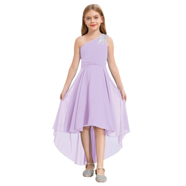 Oyolan Robe de Demoiselle d'Honneur Junior pour Fille, Perles, une Épaule, Ligne A, Mariage, Concours, Fête, Robe de Bal, Lavande, 12