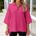 thumbnail image 2 of Women’s Zip V-Neck Sweatshirt – Casual Loose 3/9 Sleeve Pullover Hoodie Top with High Low Hem, Lightweight Comfortable Shirt Hot Pink, 2 of 4