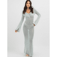 thumbnail image 2 of Lesimsam Women's Long Knitted Dresses Slim Fit Bodycon Long Sleeve V Neck Sun Dresses Tie Up Crochet Beach Dresses, 2 of 6