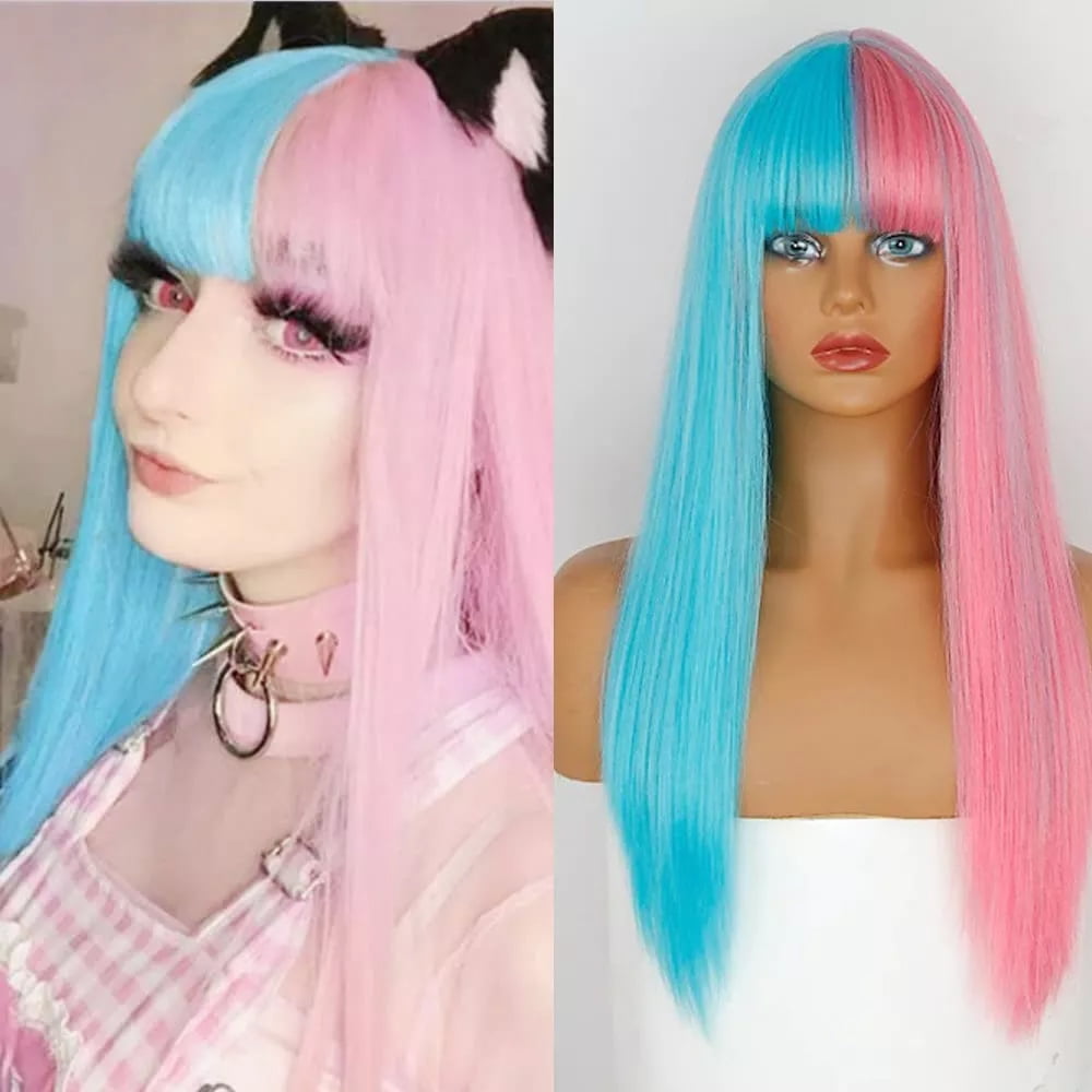 DOPI Brazilian Virgin Hair Full Lace Cap Band Human Hair Wigs For Black Women Fashion Sexy Wig Half Blue & Half Pink Synthe