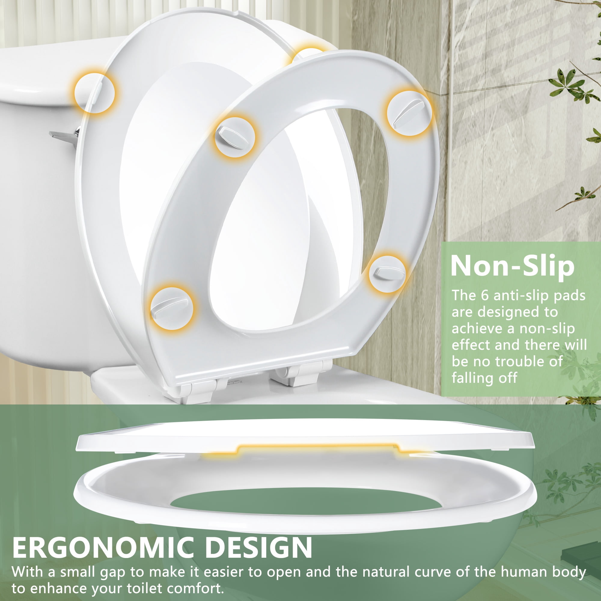 Angol Shiold Round Toilet Seat - Slow Close Hinges, Ergonomic Design with Grip-Tight Bumpers, Safe Easy-Clean PP Material, Fit 16.5" Round, White