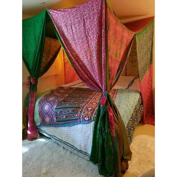 KLAVATE Silk Indian Saree Bed Canopy Ethnic Wedding Backdrop Full Queen King Size Bed Curtains