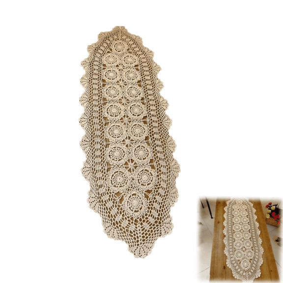 Handmade Crochet Lace Table Runner Beige Rectangle Coffee Table Dresser Decor, 15.7" x 35.4", Oval Lace Table Scarf Furniture Cloth Cover for Dining Table, TV Stand & Farmhouse Decor