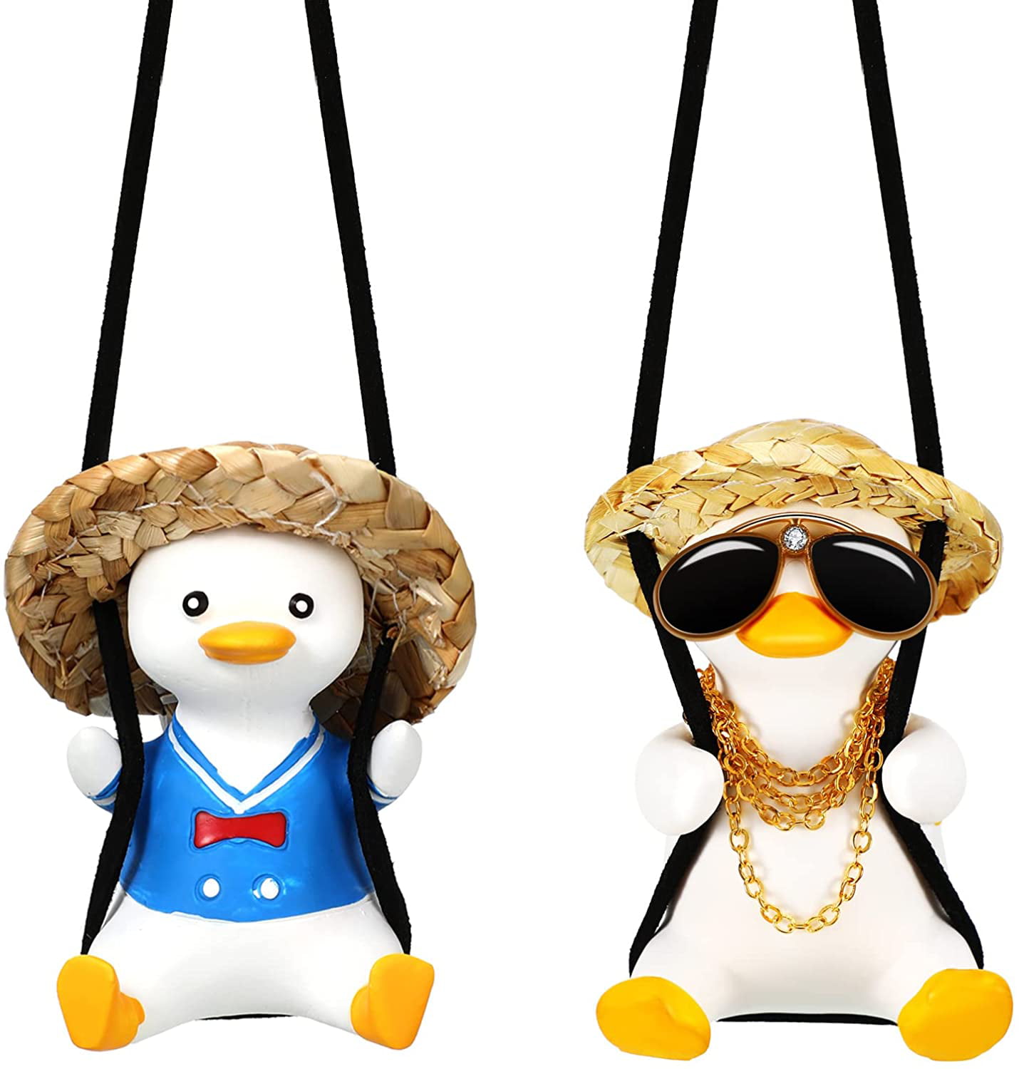 Lovely Style 2 Pieces Car Mirror Hanging Accessories Swinging Duck Car Ornament Straw Hat Cute Duck Car Pendant Rearview Mirror Auto Interior Aesthetic Car Decor Swing Car Hanging Ornament 