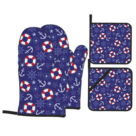 

Oven Mitts and Pot Holders Sets 4 pcs anchor starfish Swim ring Dark Blue Non-Slip Oven Gloves Potholders Soft Quilted Lining Heat Resistant Gloves Hot Pads for Kitchen Cooking Baking