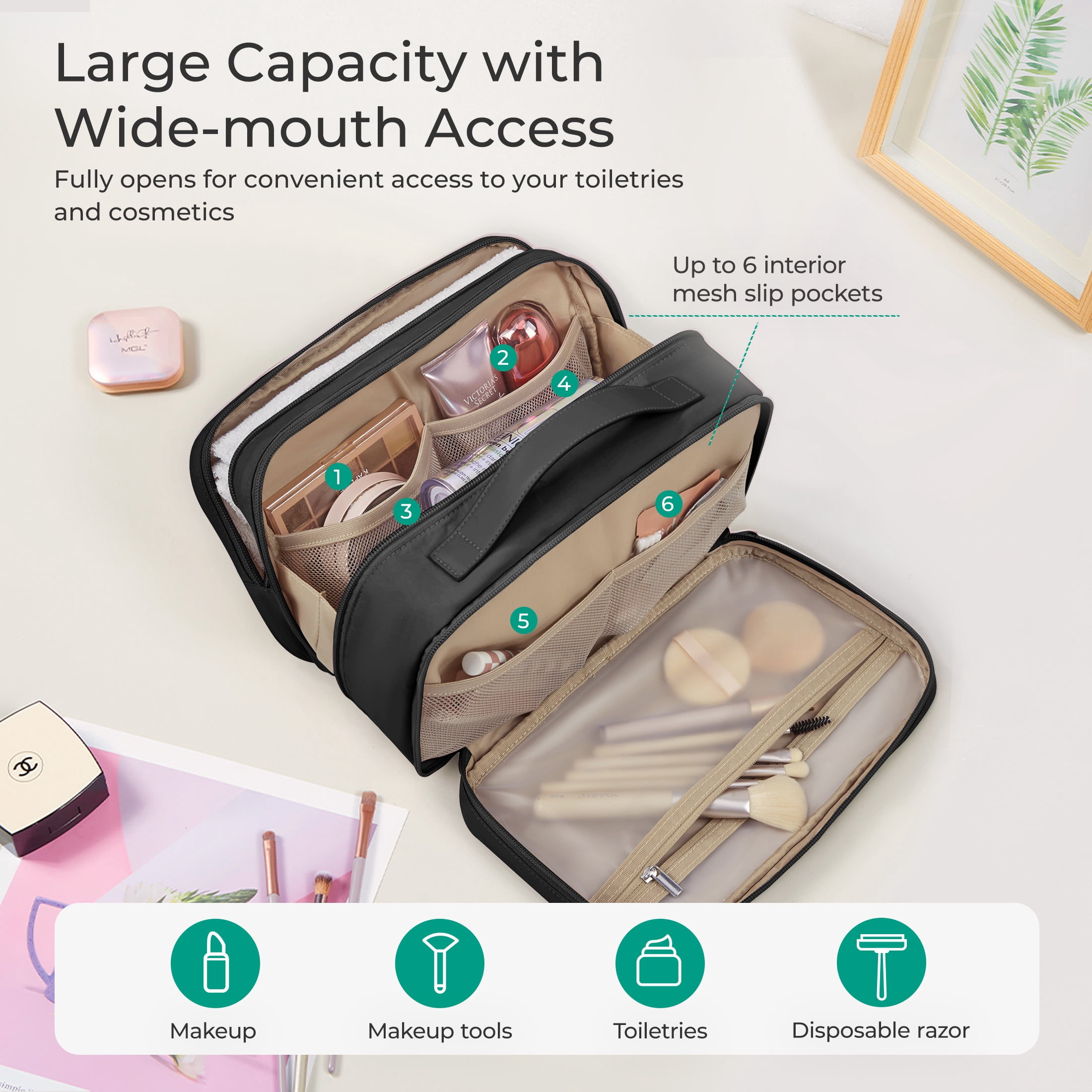 Bagsmart Unisex Large Capacity Toiletry Bag, Travel and Organizer Makeup Cosmetic Bag with Handle for Your Essentials, Men and Women, Tan