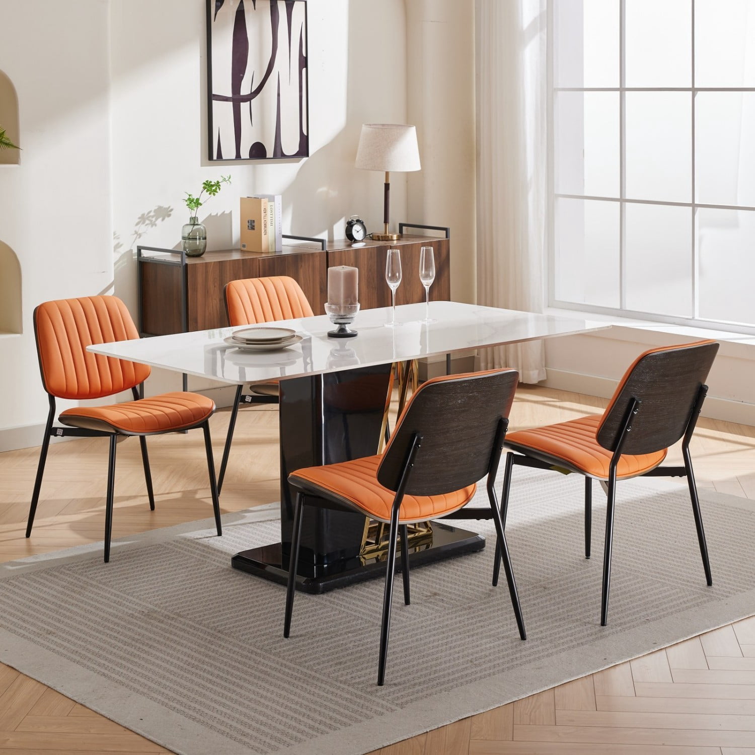 Dining Chairs Set of 2 Mid Century Modern Retro Faux Leather Chairs with Walnut Bentwood Back Upholstered Seat Metal Legs Adjustable Foot Pads Kitchen Dining Room Chairs, Orange