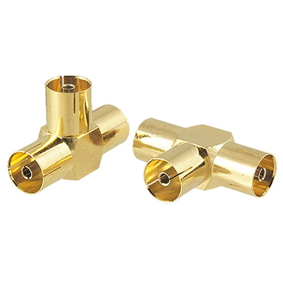 Unique Bargains 2 Pcs Gold Tone Plated TV PAL Female 1 to 2 Two Female T RF Adapter Connector