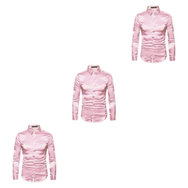 Sonducket Camisa transpirable para hombre Satén con mangas largas - Trabajo Boda o hogar Camisa para hombre Manga larga formal Rosa grande Type1 NO1