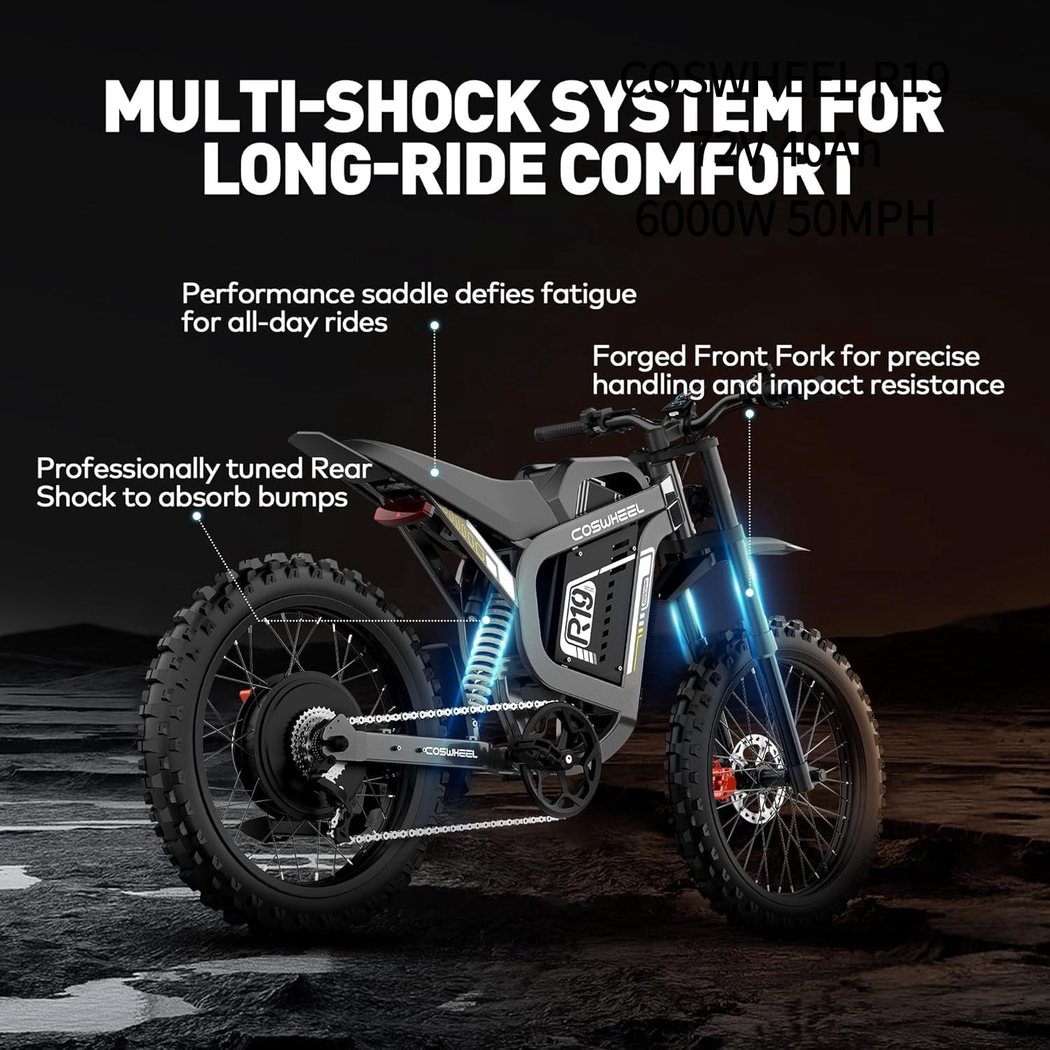 R19 COSWHEEL 6000W Peak 50MPH Electric Dirt Bike for Adults,72V 40Ah Battery,124 Miles Range Electric motorcycle, Dual Suspension, 19"all terrain tire UL2849