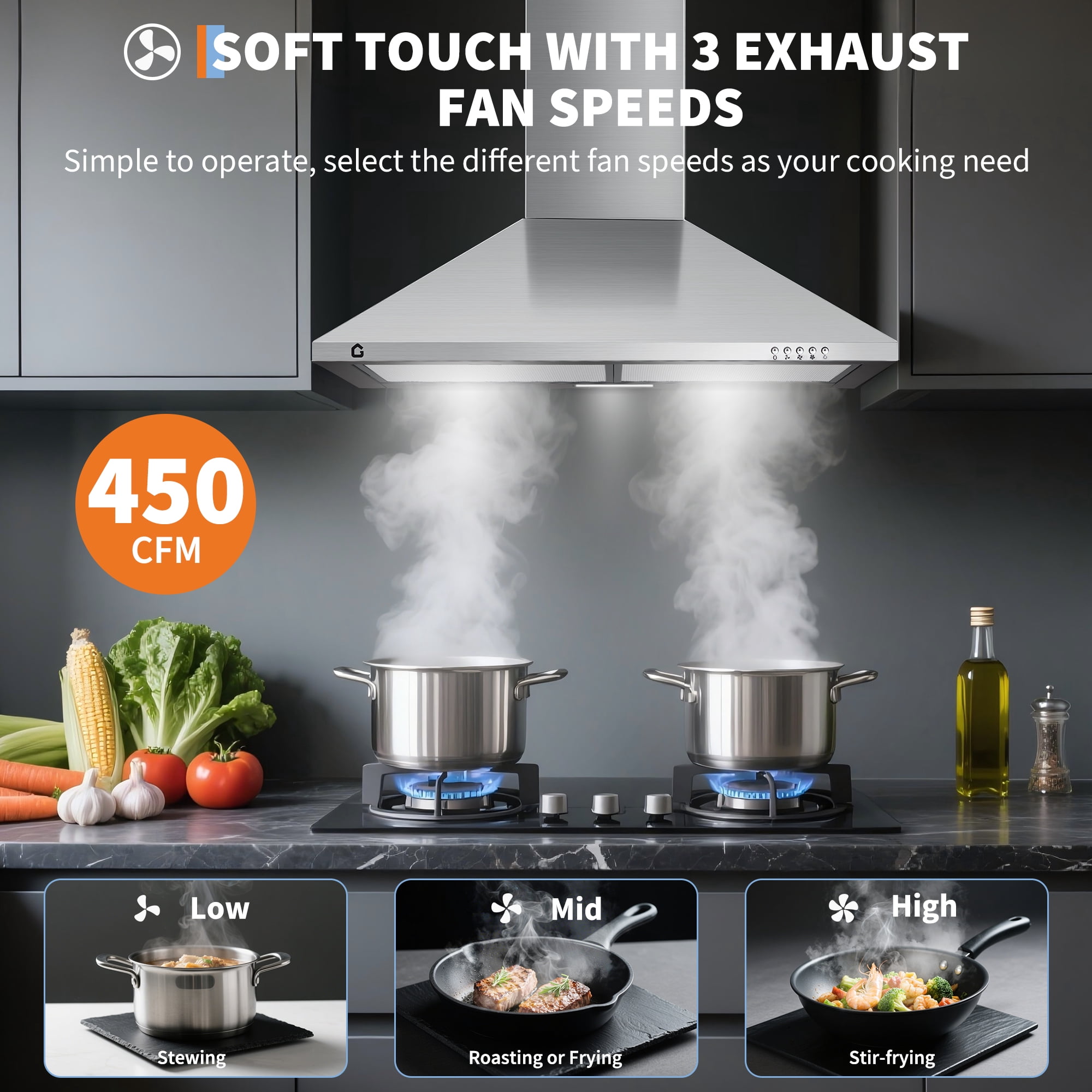 Accreate 30 Inch Stainless Steel Range Hood, Wall-Mounted Kitchen Vent, 450 Cfm, 3 Speeds, Touch And Remote Control, Led Lights, Easy Clean Baffle Filters, Quiet Operation