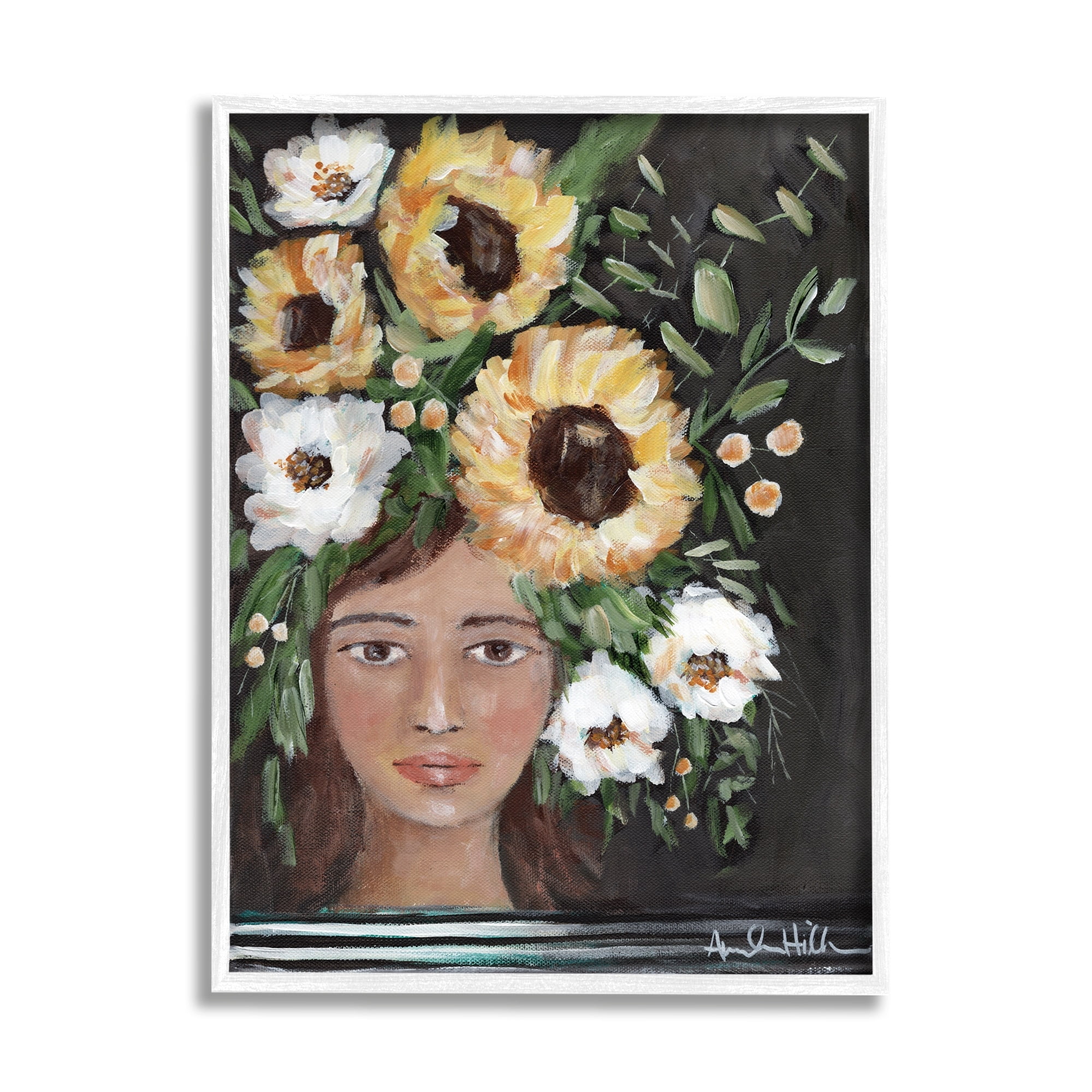 Stupell Industries Girl Wearing Flower Crown Yellow White Blossoms Painting Painting White Framed Art Print Wall Art, Design by Amanda Hilburn