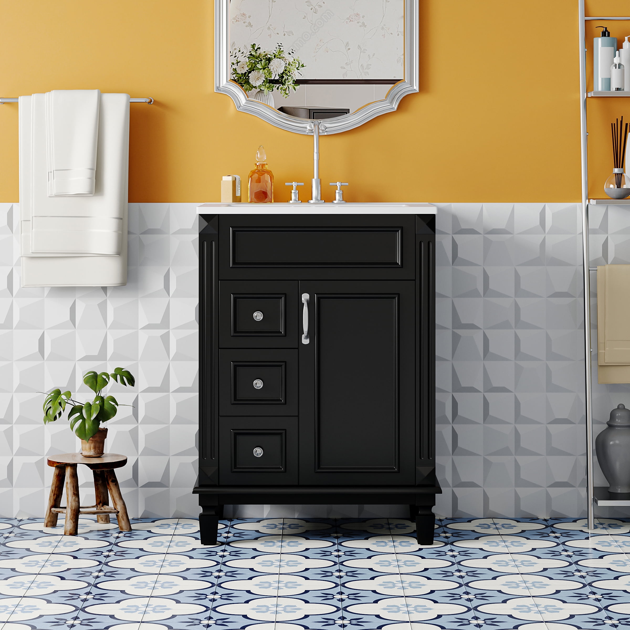 Euroco 24" Bathroom Vanity with Ceramic Sink, Small Bathroom Sink Cabinet, Modern Cabinet with 2 Drawers and Adjustable Shelf