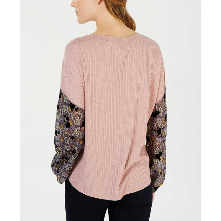 Gypsies Moondust Juniors' Printed-Sleeve Waffle-Knit Top (Pink