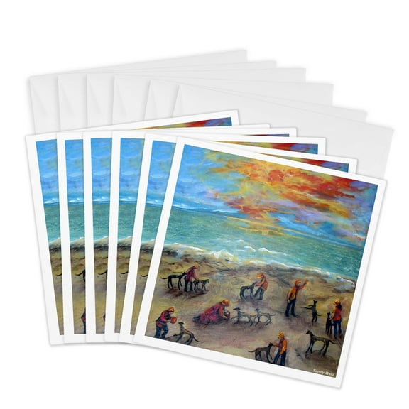 3drose, Greyhounds at Sunset, Kids and Dogs Play at the Beach, 6 Greeting Cards with Envelopes