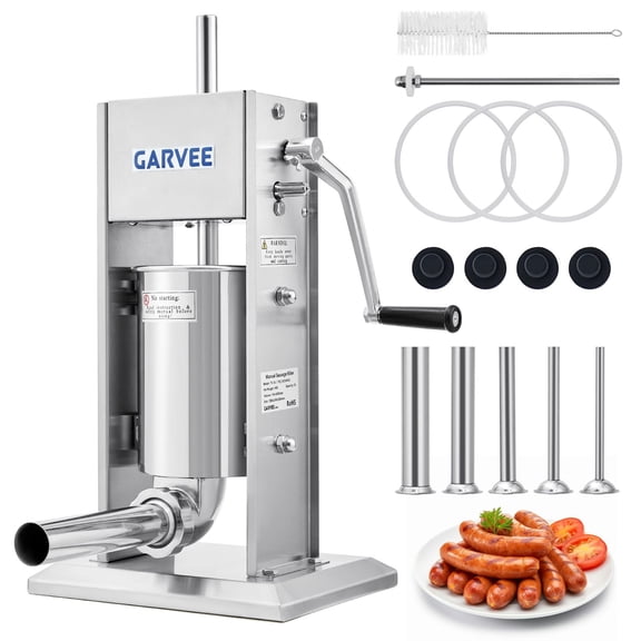 7L Stainless Steel Vertical Sausage Stuffer- 2 Speed Manual Sausage Maker with 5 Stuffing Tubes & Cleaning Kit for Home Kitchen & Commercial Use