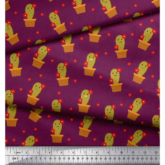 Soimoi Pink Velvet Fabric Floral,Cactus & Pot Garden Accessories Fabric Prints By Yard 58 Inch Wide