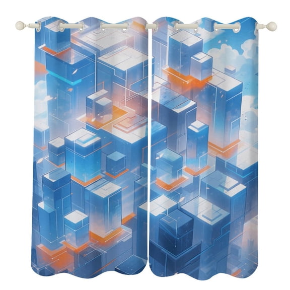 Geometric Abstract 3D Gradient Futuristic Cubes Curtains Aesthetic Envrionmental Friendly Picture, Living Room Bedroom Window Drapes 2 Panel Set