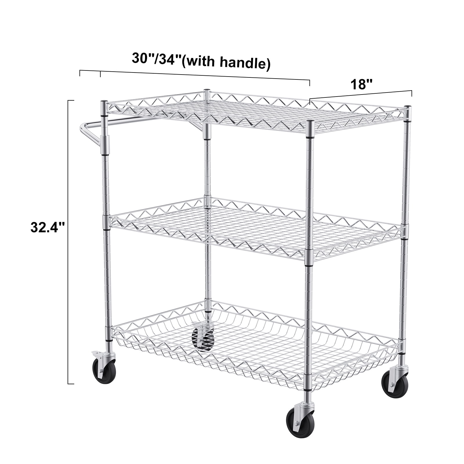 VEVOR 3-Tier Utility Cart Rolling Cart on Wheels 30"x18"x32.4" 661 lbs 6 Hooks