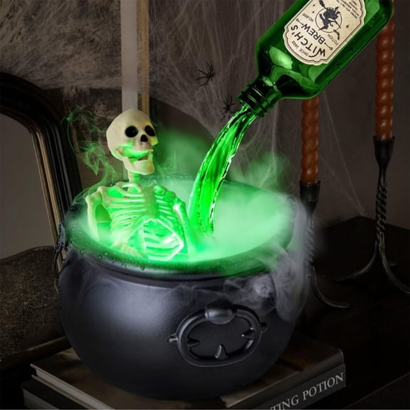 Rirozkan Witch Cauldron Fogger Set, 9.8 Inch Black Cauldron with Mist Maker, Floating Bottles, 15.7 Inch Skeleton, for Halloween Indoor Outdoor Spooky Decor