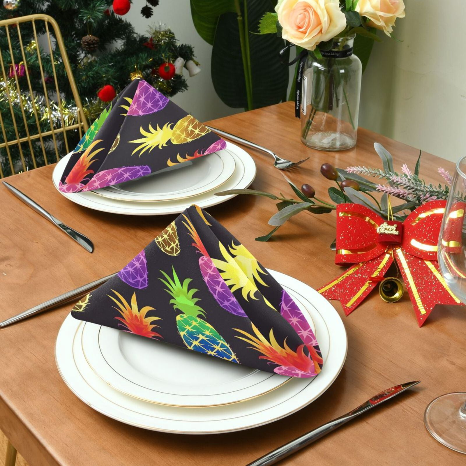 JSTEL Rainbow Pineapple Cloth Napkins Set of 6, 20x20 Inch Washable and Reusable Napkin for Decoupage Dinner Party Everyday Use