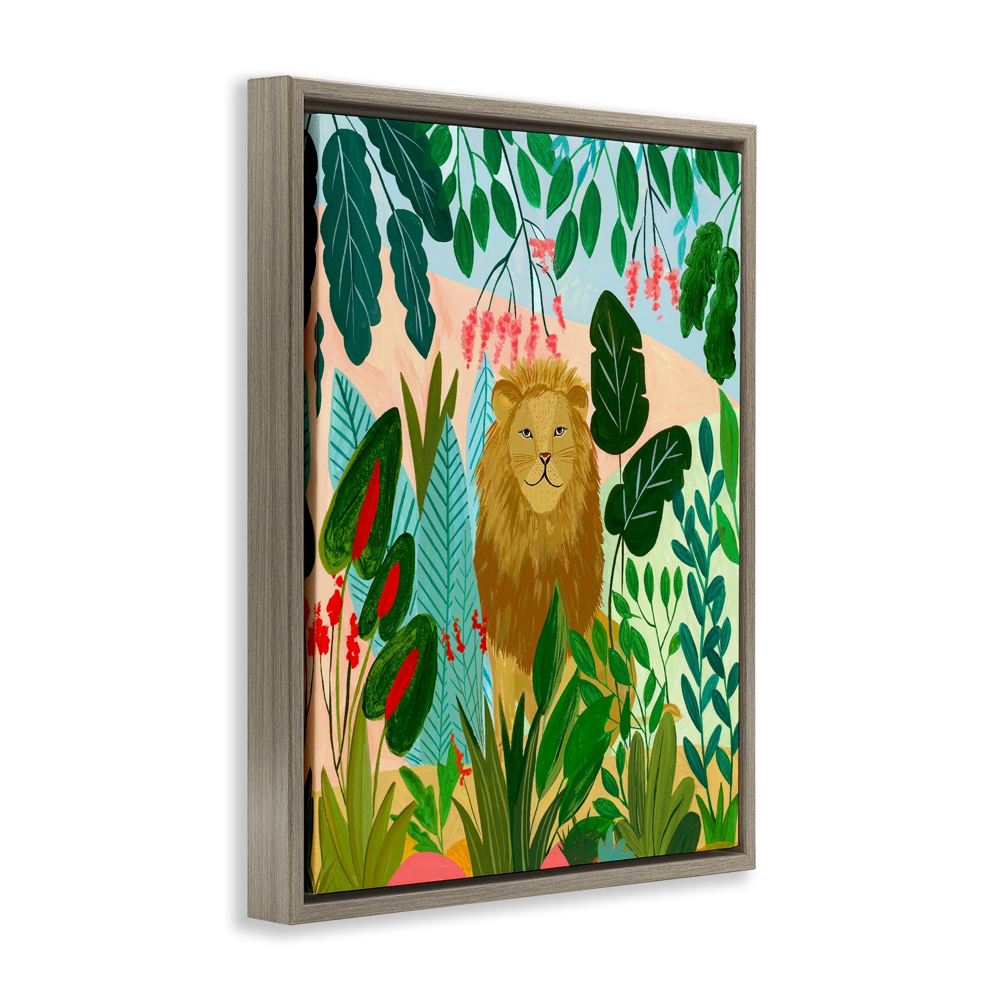 Stoic Lion Tropical Forest Brown Framed Floater Canvas Wall Art, design by Nabeela Rumi