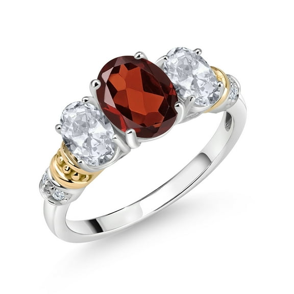 Gem Stone King 925 Sterling Silver and 10K Yellow Gold Oval Red Garnet White Topaz and White Diamond 3 Stone Ring for Women (2.73 Cttw, Gemstone January Birthstone, Size 7)