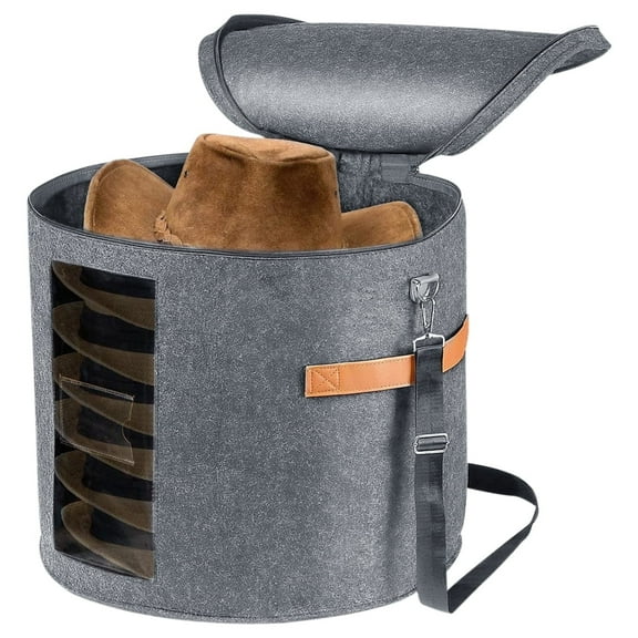 Lzvxtym Hat Storage Box Round Hat Organizer Box with Zippered Large Capacity Felt Hat Storage Box,Gray,18.9 × 18.9 × 17inch