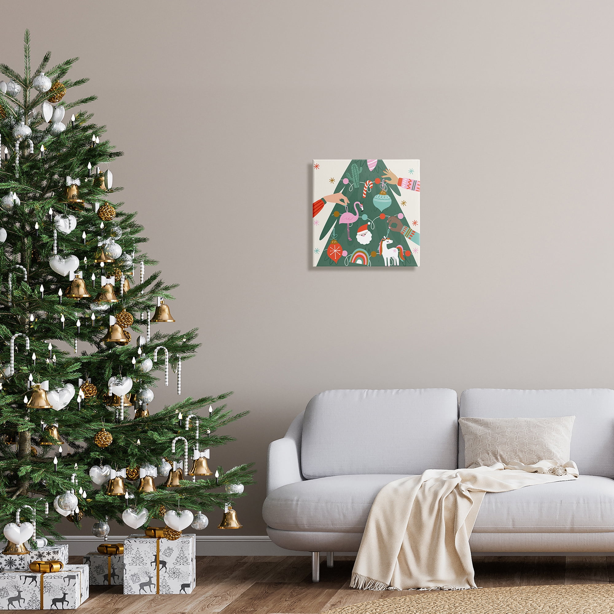 People Decorating Christmas Fir Tree Cheerful Ornaments Holiday Graphic Art Gallery-Wrapped Canvas Print Wall Art