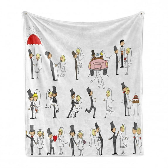 Wedding Soft Flannel Fleece Throw Blanket, Wedding Themed Caricatures Funny and Happy Valentines Cartoon Style Celebration, Cozy Plush for Indoor and Outdoor Use, 70" x 90", Multicolor, by Ambesonne