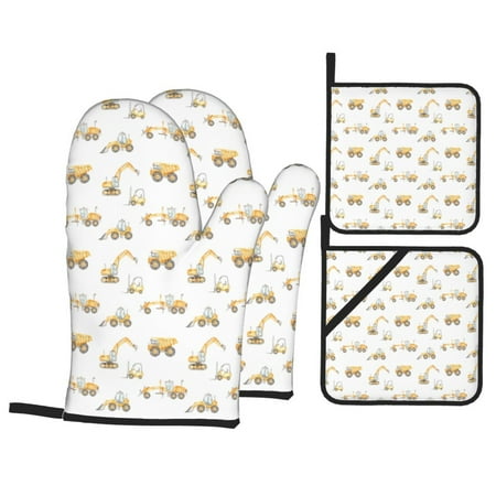 

Oven Mitts and Pot Holders 4 pcs Set Dump Truck Heat Resistant Pot Holders Oven Mitts for kitchen Non-Slip Hanging Loop Oven Glove Potholders for Baking Cooking