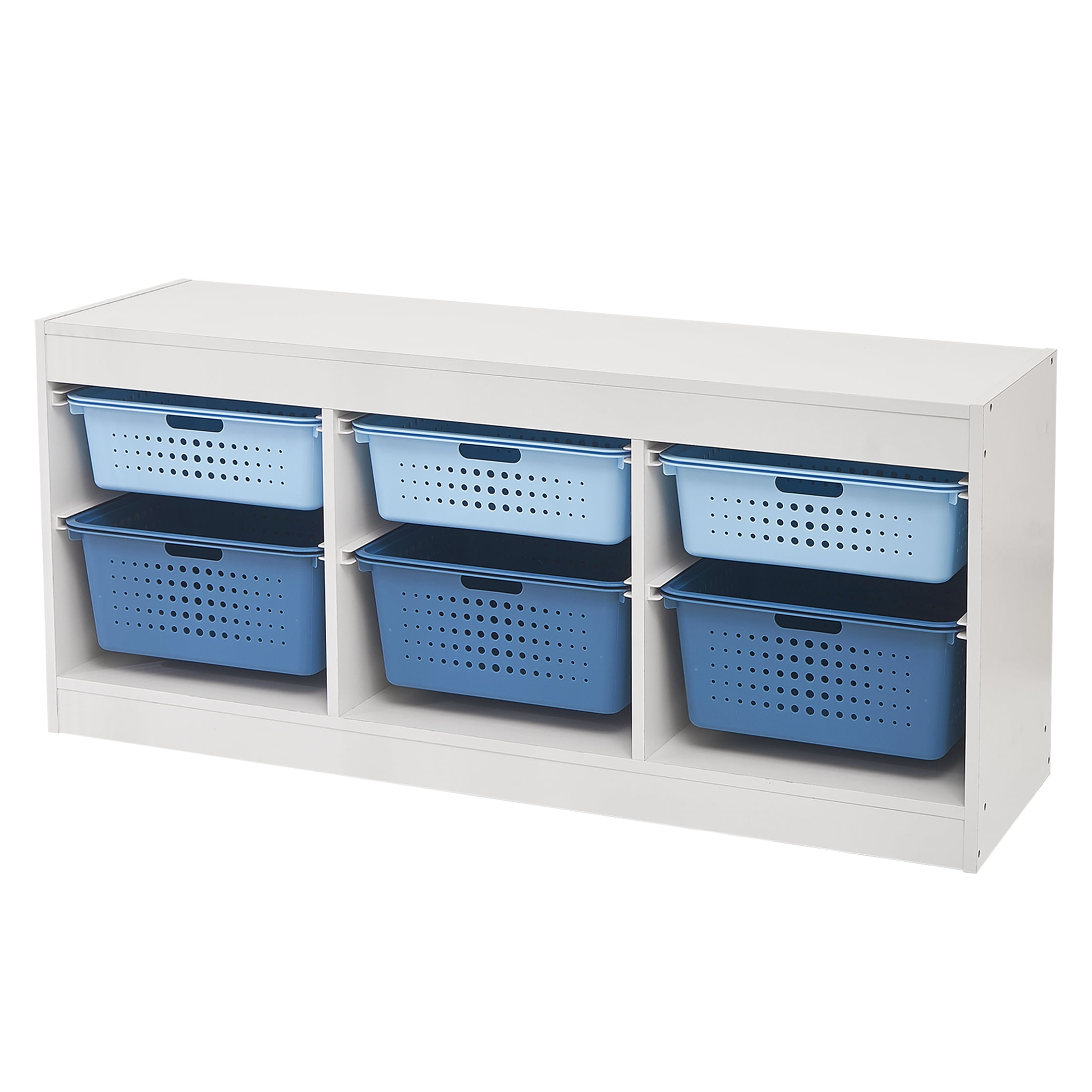 Your Zone Wooden Kids Horizontal Sliding Bin Organizer with 6 Storage Bins, Blue, Age 3+