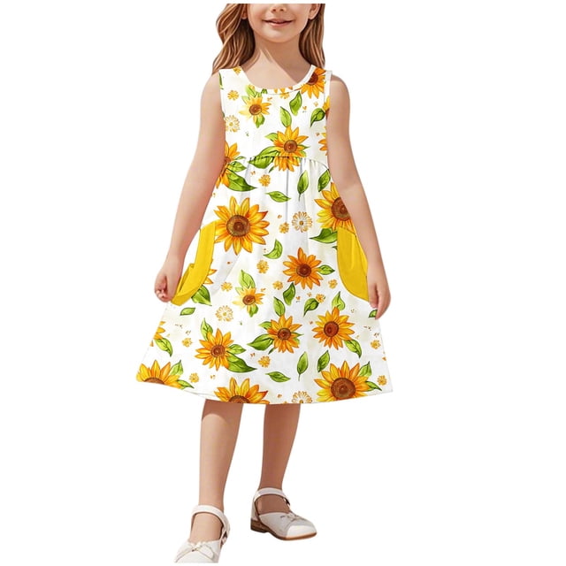Ashirexll Robes Filles Sans Manches Col Rond Motif Imprimé Robe en Mélange de Coton Longueur Genou Jaune 7 Ans