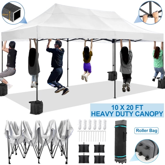 COBIZI 10x20 Heavy Duty Pop up Canopy Tent with 6 sidewalls Easy Up Commercial Outdoor Canopy Wedding Party Tents for Parties All Season Waterproof Gazebo with Roller Bag,White(Frame Thickened)