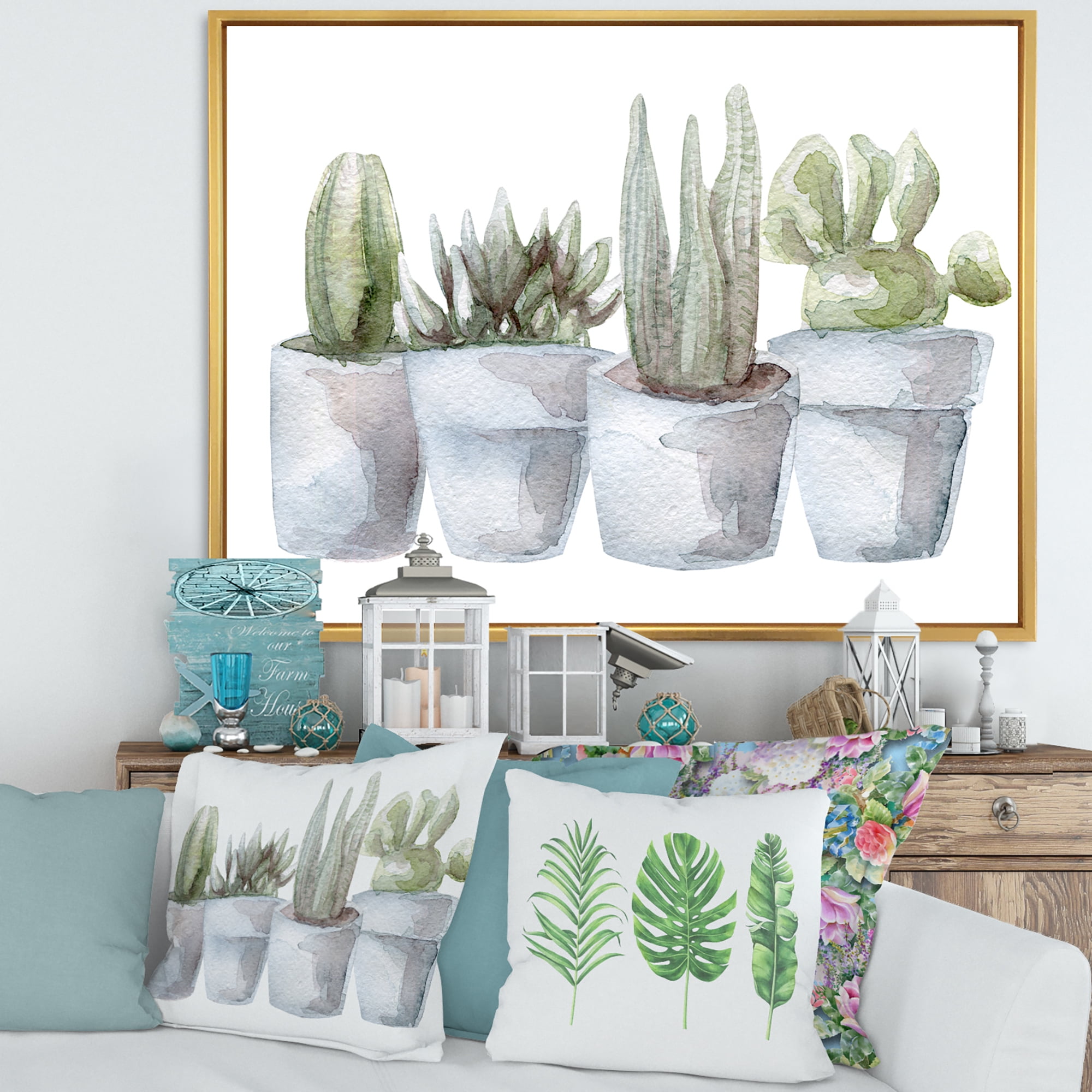 Designart 'Succulent and Cactus House Plants V' Farmhouse Framed Canvas Wall Art Print